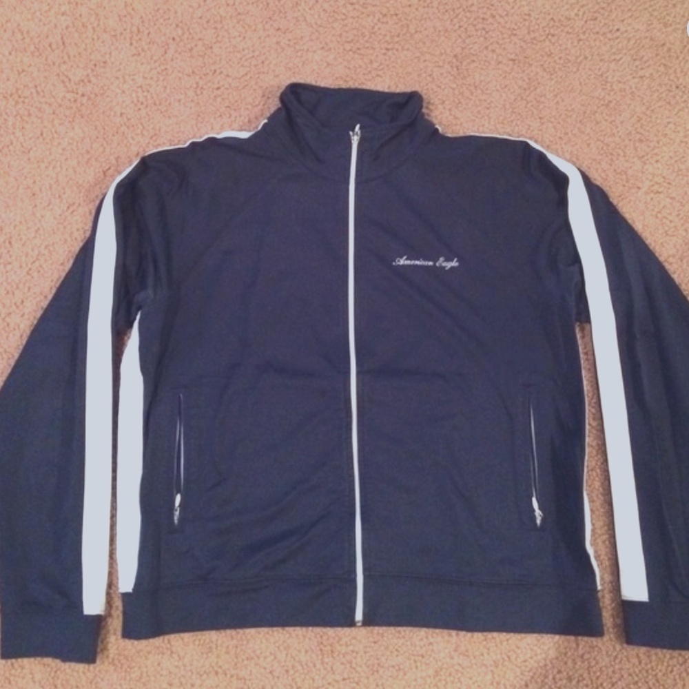 XL American Eagle Navy Blue Varsity Tracksuit Jacket, White Stripe On Sleeves